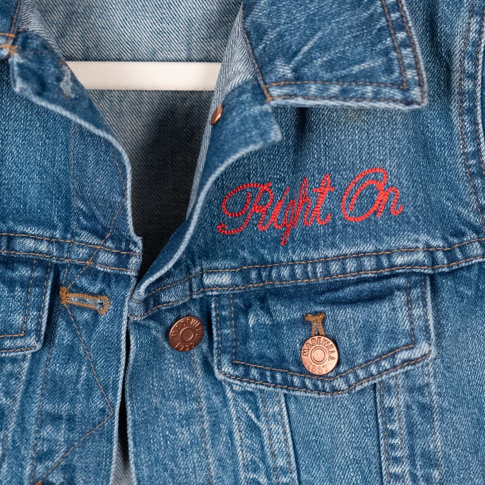 Madewell Denim 100% Cotton Jacket w/ Red Embroidery Right On Accent Women's XS - Picture 2 of 5